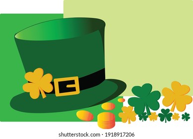 Vector Illustration of green St. Patrick's Day hat,  green shamrocks and golden coins.