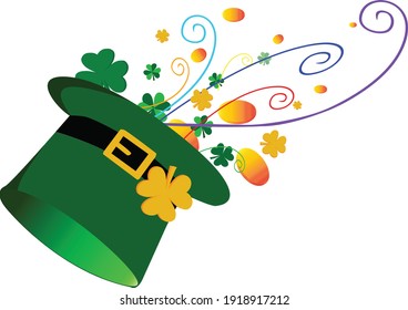 Vector Illustration of green St. Patrick's Day hat,  green shamrocks and golden coins.