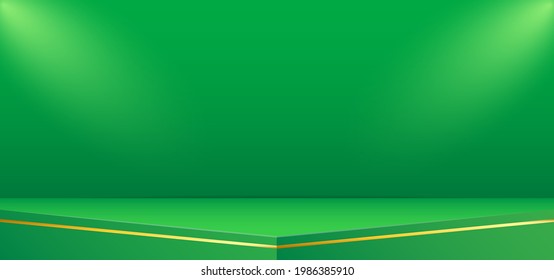 Ilustración vectorial del fondo del escenario verde con ornamento de línea dorada y relámpago