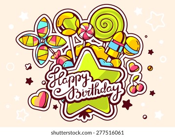 Vector illustration of green star and pile of sweets with text happy birthday on light background. Hand drawn line art design for web, site, advertising, banner, poster, board and print.  