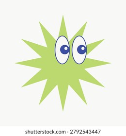 Vector illustration of a green starburst shape with large cartoon eyes, conveying a playful expression.