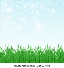 Vector illustration of green summer field with green grass, blue sky and place for your text