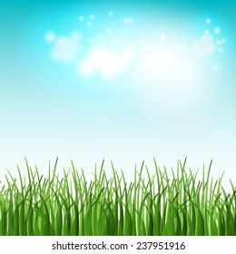 Vector illustration of green summer field with green grass, blue sky and place for your text