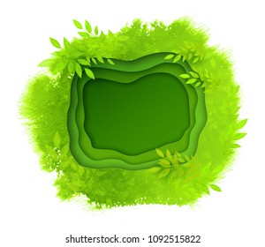 Vector illustration of green summer and spring background with watercolor stains and leaves and green paper cut banner.