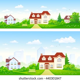 Vector illustration of green summer suburbs panoramas with beautiful cottages
