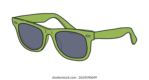 Ilustração vetorial de óculos verdes com lentes escuras. Um elegante acessório de verão em estilo cartoon. Isolado no branco. Ótimo para moda, férias e projetos sazonais.