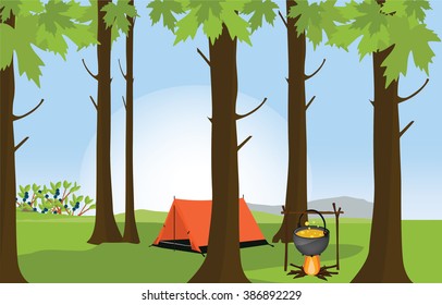 Vector illustration green sunny summer forest landscape campfire  and camping tent. Forest background. Orange tent at campsite