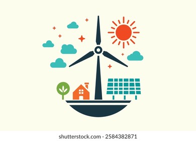 Vector illustration of a green and sustainable energy concept featuring wind turbines, solar panels, and a house. Ideal for eco-friendly projects and presentations.