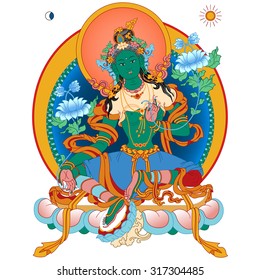 Vector illustration with Green Tara. A symbol of the Tibetan Buddhism. Buddha. Vector Illustration.