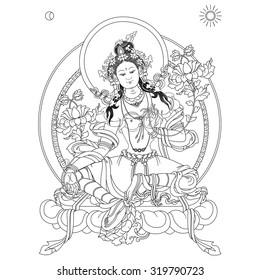 Vector illustration with Green Tara. A symbol of the Tibetan Buddhism. Buddha. Vector Illustration.