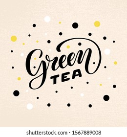 Vector illustration of green tea brush lettering for package, banner, flyer, poster, bistro, café, shop signage, advertisement design. Handwritten text for template, sign, billboard, print 