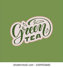 Vector illustration of green tea brush lettering for package, banner, flyer, poster, bistro, café, shop signage, advertisement design. Handwritten text for template, sign, billboard, print 
