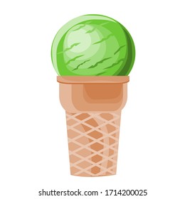 Vector illustration of a green tea ice cream ball in a waffle cone on a white background.Realistic sweet dessert food, beach tropical vacation symbol.