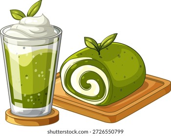 Vektorgrafik eines grünen Teelattens mit Schlagsahne neben einem Matcha-Rollkuchen
