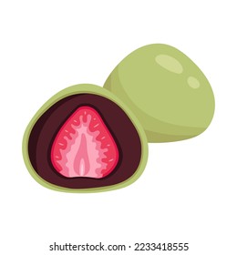 Vector illustration of green tea mochi with strawberry. Japanese traditional dessert. Asian food.