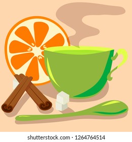 vector illustration green tea in a green mug with cinnamon sticks, orange slice, green spoon, sugar cubes