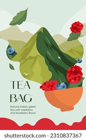 Vector illustration. Green tea packaging design. Concept design. Green tea with fruits, drink with berries. Package design, box, sticker, product design