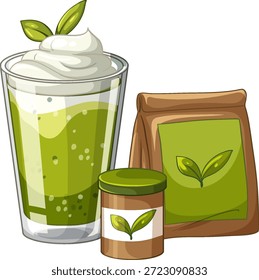Ilustración vectorial de un batido de té verde con crema batida, bolsita de té y frasco