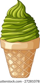 Ilustración vectorial de té verde suave servir helado en un cono de waffle crujiente