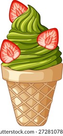 Ilustración vectorial de té verde suave servir en un cono de gofre con adorno de fresa
