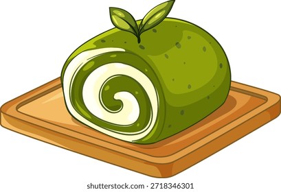 Ilustração vetorial de um rolo de bolo de esponja de chá verde com enchimento de creme em madeira
