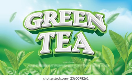 vector illustration green tea word lettering banner design template on the beautiful tea garden  background. use for green tea advertising backdrop design.
