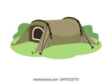 Vector illustration of a green tent in the form of a tunnel. The icon of hiking equipment and the basic necessities for recreation, highlighted, are ideal for travel projects.