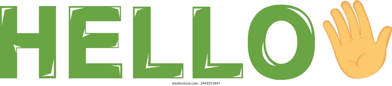 vector illustration green text hello and yellow hand cartoon waving gesture