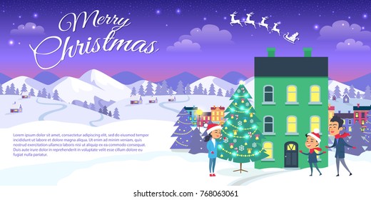 Vector illustration of green three storey house with lights and people waiting for miracle. Merry Christmas on city and blue sky background. Happy family is outside near decorated Christmas tree.