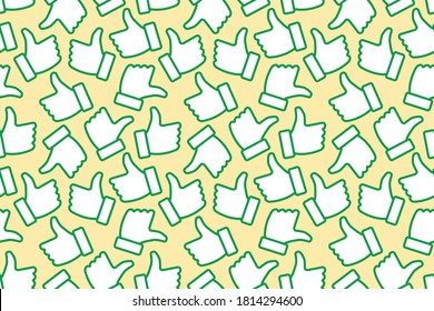 ilustración vectorial arriba dedo pulgar verde arriba símbolo de la mano repite estilo de dibujo de doodle sin costuras. Estupendo para el embalaje de tela