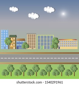 Vector illustration of green town landscape with buildings, road and  trees