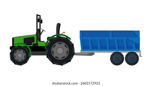 Vector illustration of a green tractor with a blue trailer, suitable for agricultural use.