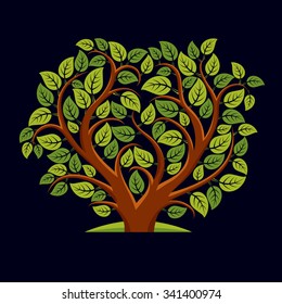 Vector illustration of green tree with decorative leaves and branches in the shape of heart. Beautiful image on ecology theme. Love nature and environment conceptual illustration. 