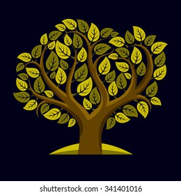 Vector illustration of green tree with decorative leaves and branches in the shape of heart. Beautiful image on ecology theme. Love nature and environment conceptual illustration. 