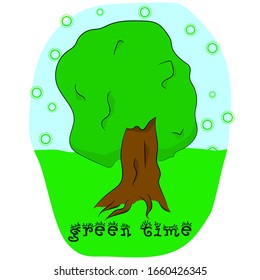 Vector illustration of a green tree in a green field against the sky. Can be used as logo.