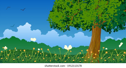 Vector illustration. Green tree on colorful flowering meadows in spring.