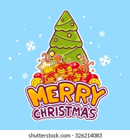 Vector illustration of green tree and pile of christmas items with hand written text on blue background. Bright color.Hand draw line art design for web,banner,poster,postcard,print and greeting card. 