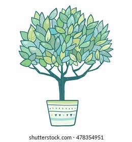 Vector illustration with green tree in pot. Concept for safe environment and nature in cartoon cute doodle style