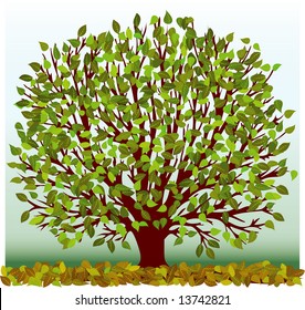 vector illustration of the green tree with sky background in different layer