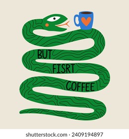 Ilustración vectorial con serpiente de árbol verde, símbolo de año nuevo 2025, con taza de café azul. Pero el primer texto del café. Afiche de tipografía de moda, decoración de paredes y diseño de papel