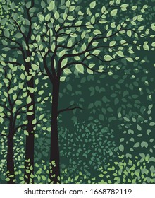 Vector illustration of green trees. Landscape background with forest. Nature background