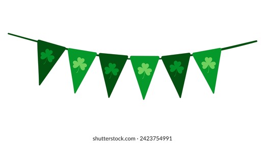 Vector illustration with green triangular flags with shamrock for St. Patrick’s Day