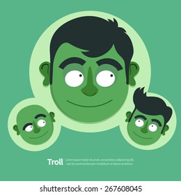 Vector illustration of green Troll. Three cartoon characters. Flat design style.