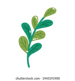 Vector illustration of a green twig with streaks. Cute cartoon plant isolated on white background