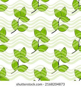 Vector illustration with green twigs with waves. Cute natural background.