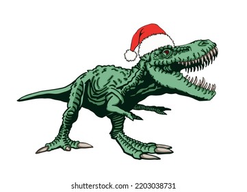 Vector illustration of green tyrannosaurus in Santa Claus hat isolated on white background,vector Christmas element