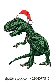 Vector illustration of green tyrannosaurus in Santa Claus hat isolated on white background,vector Christmas element