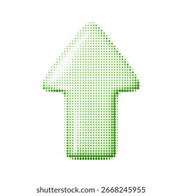 Vector illustration of a green upward arrow with halftone texture. Abstract dotted design element for navigation, growth, or decoration. Isolated on white background.