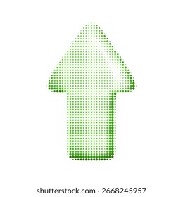 Vector illustration of a green upward diagonal arrow with halftone texture. Abstract dotted design element for navigation, growth, or decoration. Isolated on white background.