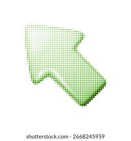 Vector illustration of a green upward diagonal arrow with halftone texture. Abstract dotted design element for navigation, growth, or decoration. Isolated on white background.